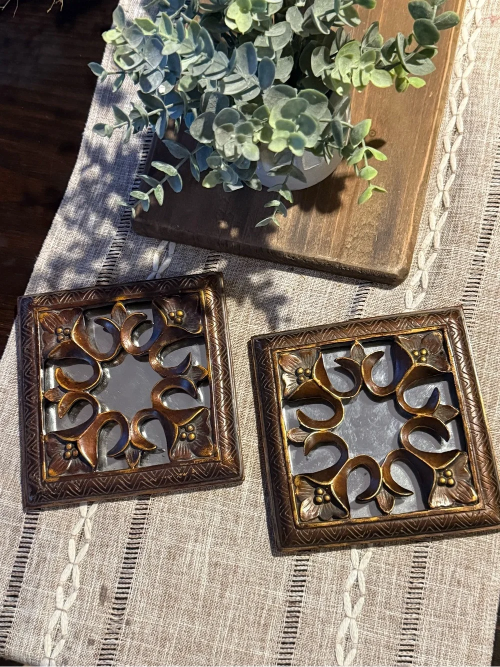 2-Bronze Color Mirrored Wall Plaques With Decorative Floral Scrollwork